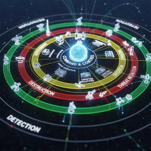 Close-up of a composite defense diagram showing layered sensors, command nodes, and interceptors, colored to represent detection, decision, and destruction pathways