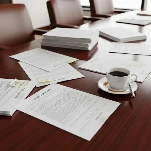 Close-up of a boardroom table with scattered option agreements and a cup of coffee