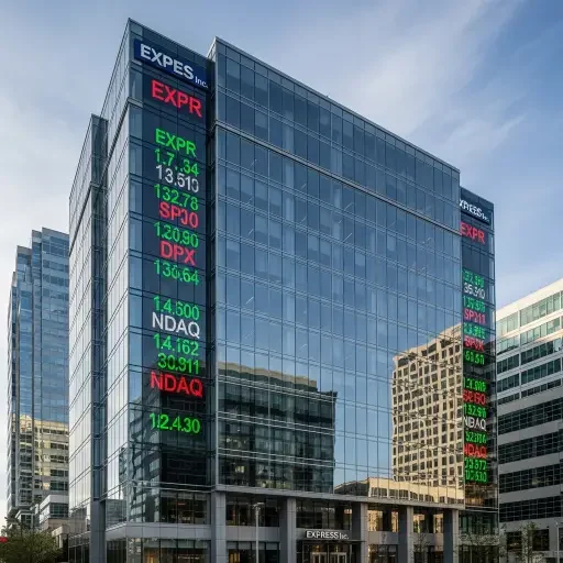 Express Inc headquarters exterior with reflective glass showing market tickers