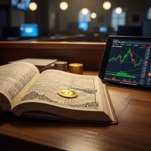 A newsroom-like desk with a ledger open, a gold coin, and a tablet displaying Bitcoin price tickers, signaling the convergence of tradition and technology