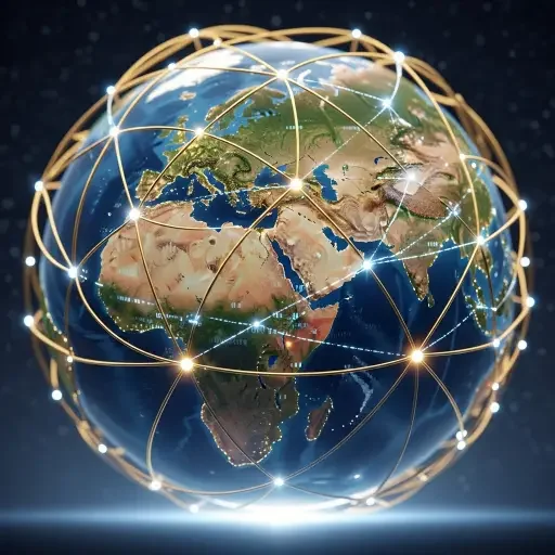 A stylized lattice overlaying the globe, symbolizing interconnected reserve networks and the hybrid economy of gold-and-crypto backstops