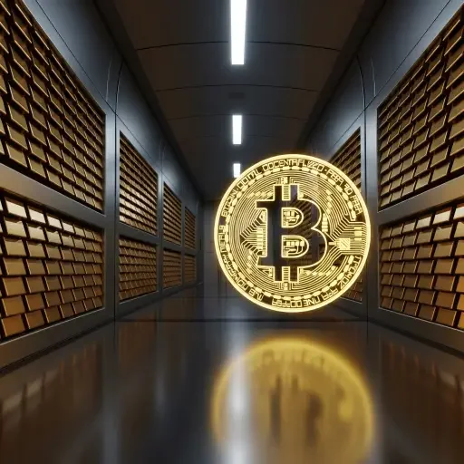 A vault corridor lined with gleaming gold bars beside a glowing Bitcoin symbol in the foreground, hinting at converging destinies of old and new money