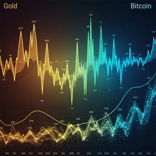 An abstract chart showing gold’s historical price stability alongside Bitcoin’s volatile, but rapidly evolving liquidity profile