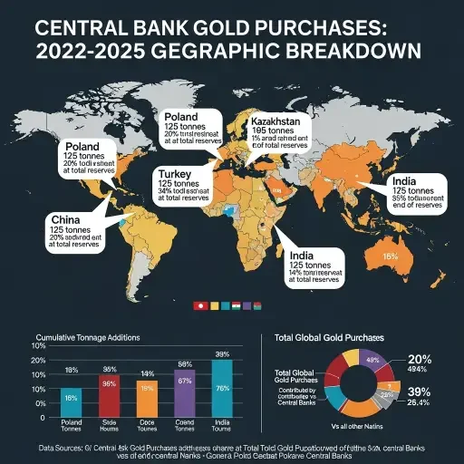 Geographic breakdown of central bank gold purchases 2022-2025 showing Poland, China, Turkey, Kazakhstan, and India as dominant buyers with cumulative tonnage additions and percentage of total reserves