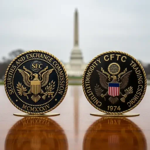 Close-up of SEC and CFTC seals on a wooden desk, Washington monuments blurred behind