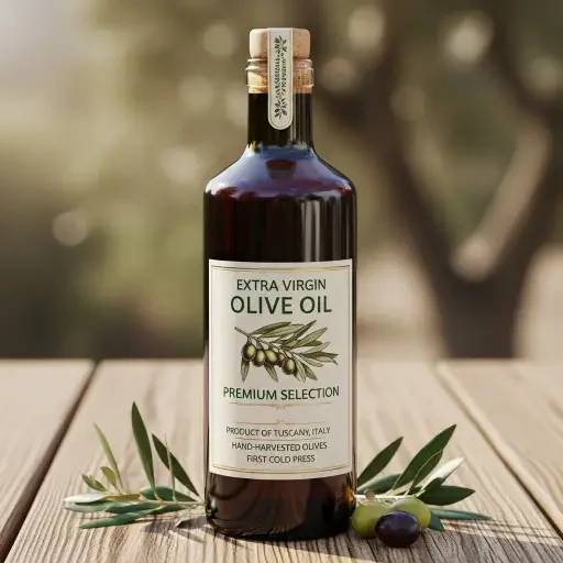 A bottle of premium olive oil with a rustic cork and label detailing origin