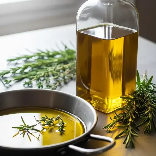 A bright oil bottle beside a shallow pan and herb sprigs