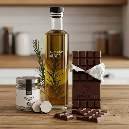 A curated assortment of jars and bottles—olive oil, truffle salt, and a dark chocolate bar—on a wooden counter