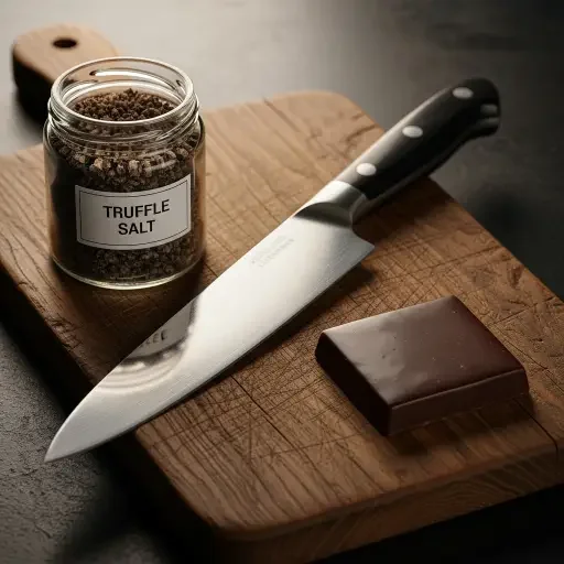 A cutting board with a knife, a jar of truffle salt, and a chocolate square