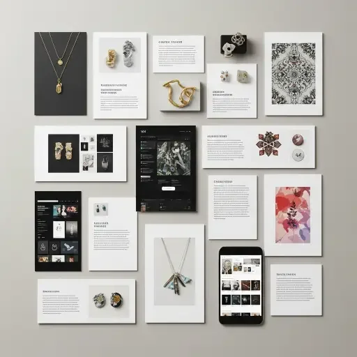 A final display of the 17 items arranged like a portfolio, with a small placard summarizing each category