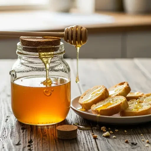 A rustic honey jar, honey dipper, and a small plate of crostini