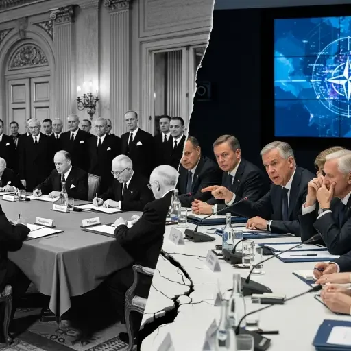 Historical photograph of NATO founding ceremony in 1949 juxtaposed with modern image of alliance under strain, representing 75-year framework tested