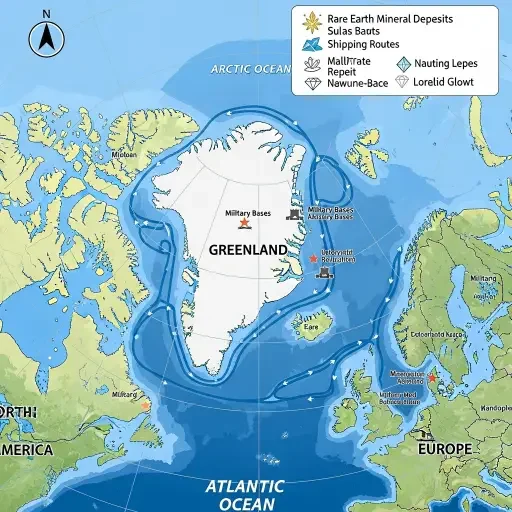 Map showing Greenland's position between North America and Europe, highlighting shipping routes through melting Arctic ice, military bases, and rare earth mineral deposits