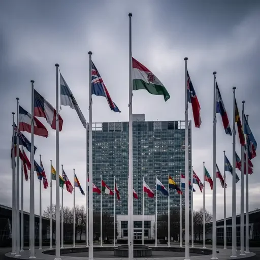 NATO headquarters building in Brussels with member nation flags at half-mast, symbolizing alliance under strain