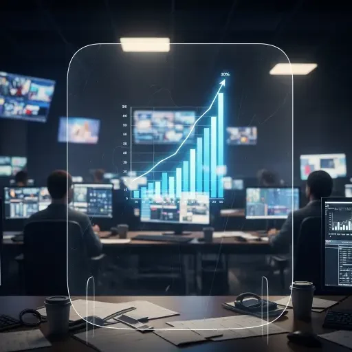 a dim newsroom with a rising graph and a safety shield overlay