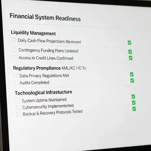 Checklist with liquidity, compliance, and infrastructure items ticked off