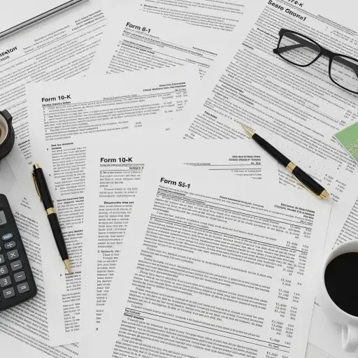 Close-up of regulatory documents and SEC filing forms on a table