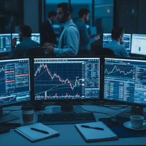 Trading desk screens showing bitcoin price charts and ETF order flow, with hedge fund traders in the background