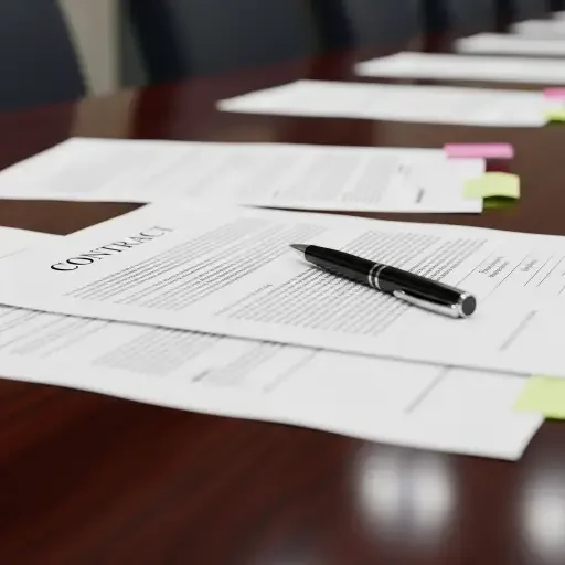 Close-up of contract pages and a pen on a conference table, signaling deal negotiations