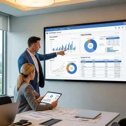 Two professionals reviewing FP&A reports with OneStream visuals projected on a wall