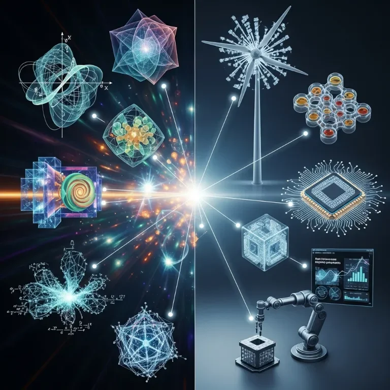 Split-screen visualization showing abstract mathematical concepts transforming into patent-eligible technical applications
