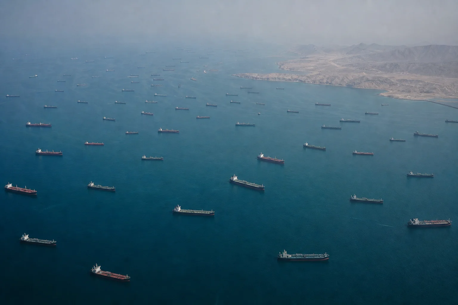 Aerial view of oil tankers clustered in the Persian Gulf awaiting passage through the Strait of Hormuz