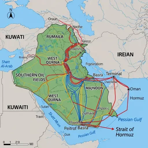 Map showing Iraq's southern oil fields, export pipelines, and Basra terminal routes to the Strait of Hormuz
