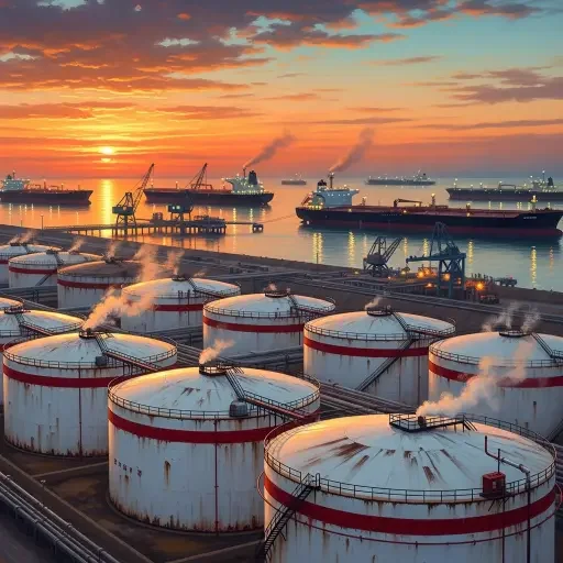 Oil storage tanks at Iraq's southern Basra export terminal with tankers visible at anchor unable to load