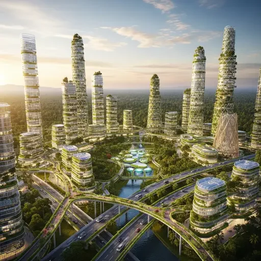 Futuristic rendering of Jakarta's planned new capital city Nusantara in Borneo, showing green architecture and sustainable urban design