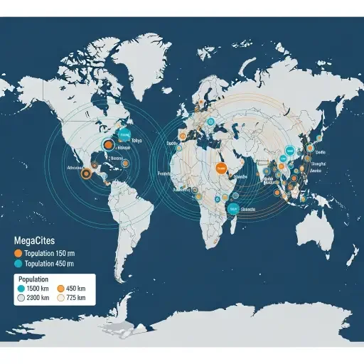 Infographic map showing the world's megacities with population circles sized proportionally, highlighting the Asian dominance