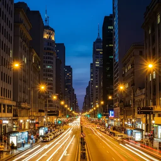 São Paulo's Avenida Paulista at night, showing the dense vertical cityscape with historic and modern architecture intermingled