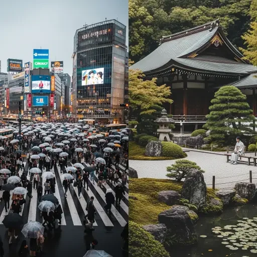 Split image showing Tokyo's Shibuya Crossing at rush hour with thousands of people, contrasted with a serene temple garden within the city