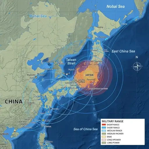 Strategic map of Northeast Asia showing Japanese islands, Korean Peninsula, Taiwan Strait, and Chinese coast with military range circles and shipping lanes highlighted
