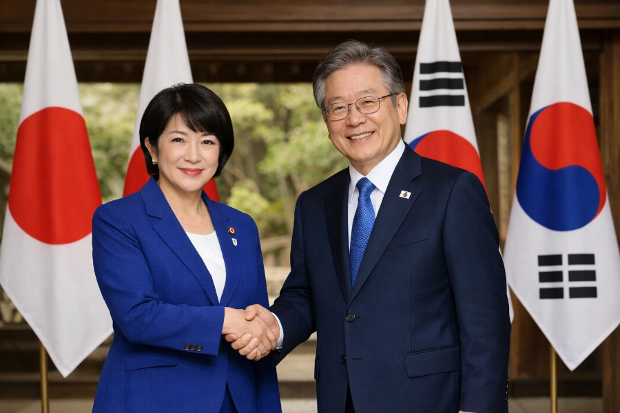 Japanese Prime Minister Takaichi and South Korean President Lee shaking hands at summit venue in Nara Prefecture with bilateral flags displayed in background