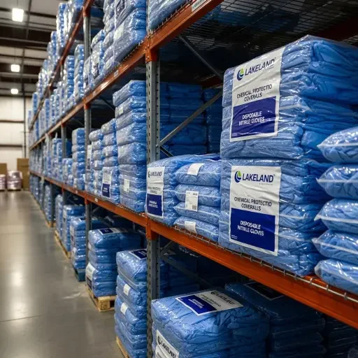Blue protective coveralls and gloves stacked in warehouse racks with Lakeland packaging visible