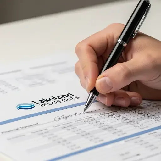 Close-up of a hand signing a regulatory filing beside a Lakeland Industries logo on printed financial statements