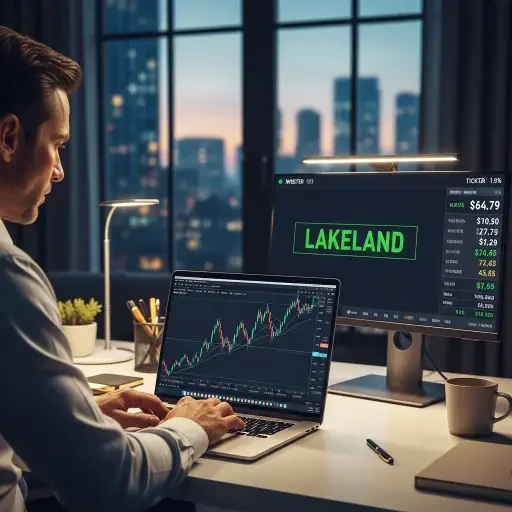 Investor watching stock charts on laptop, with Lakeland ticker visible on a secondary screen
