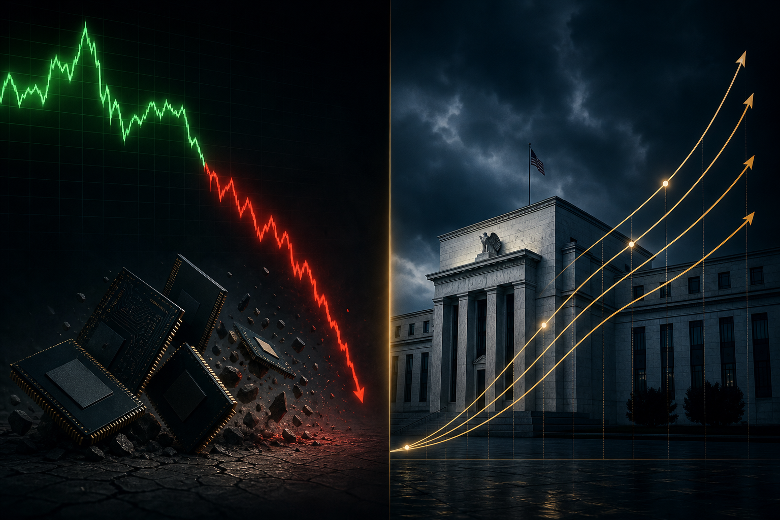 Split illustration showing a breaking stock chart with falling semiconductor chips alongside a Federal Reserve building and rising bond yield curve