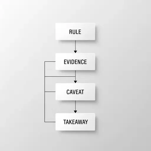 A concise decision tree with four nodes labeled: Rule, Evidence, Caveat, Takeaway