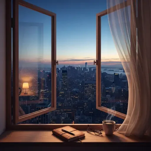 A quiet studio window over a cityscape at dusk, suggesting the human scale behind large-scale decision-making