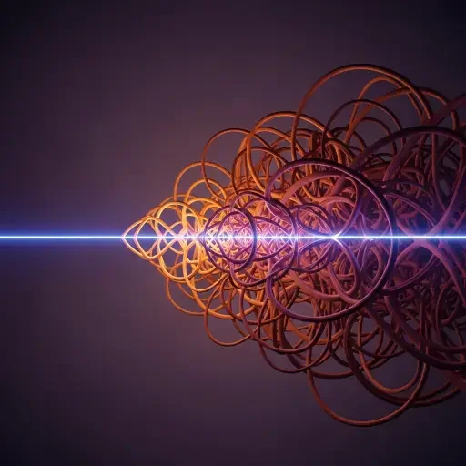 An abstract visualization: a clear, straight line that abruptly intersects a web of tangled curves, illustrating the risk of oversimplification