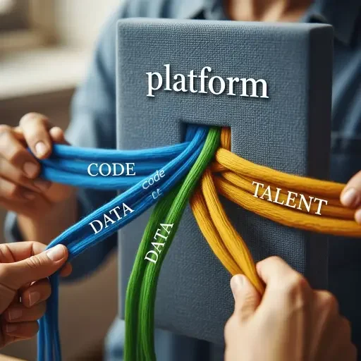 Image placeholder: Visual metaphor: weaving threads labeled 'code', 'data', 'talent' into a single fabric labeled 'platform'