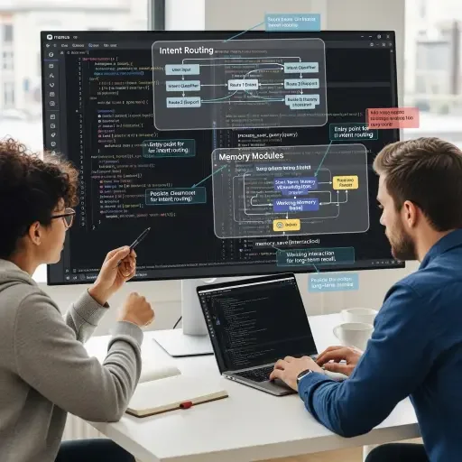 Manus engineers pairing over agent code, annotated with flow diagrams showing intent routing and memory modules