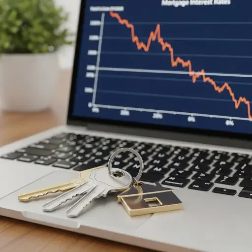 Close-up of house keys and mortgage rate graph on a laptop screen; rates dipping below six percent