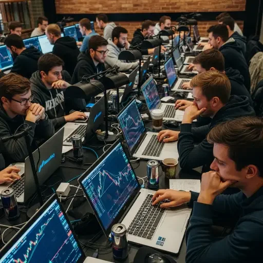 Retail traders crowding around laptops showing Nasdaq charts and order flows