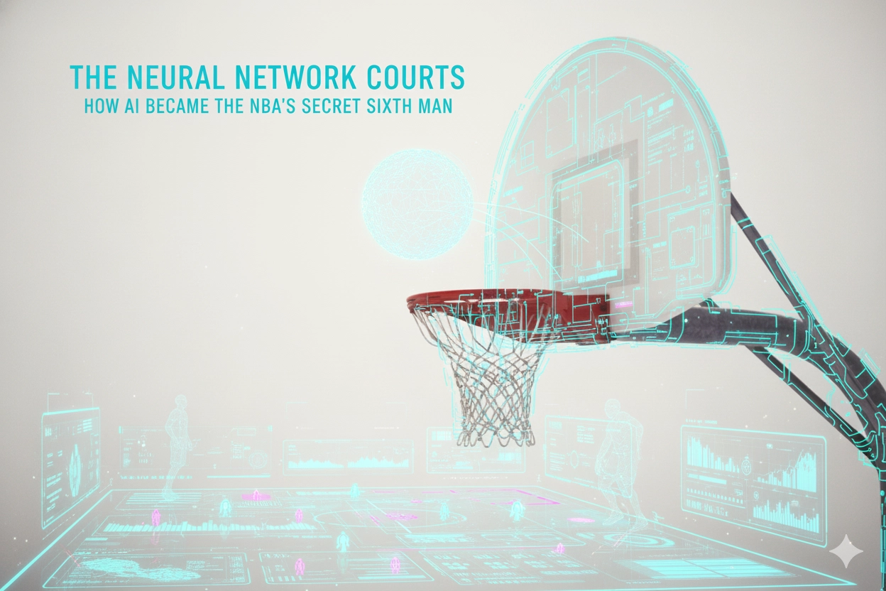 Transparent basketball court with scenes of AI analysis