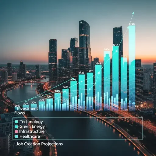 A bar chart overlay on a cityscape showing investment flows and job creation projections