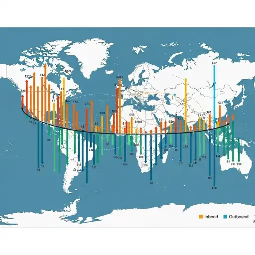 A bar chart overlaying a world map, highlighting inbound/outbound flows, annotated with currency symbols and deal names