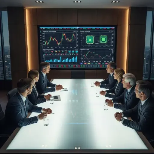 A boardroom scene with executives and investors around a glass table, illuminated by a large monitor showing stock tickers and chip performance graphs