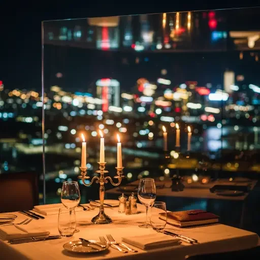 A candle-lit table seen through a glass partition, city lights bleeding into the ceiling, suggesting the boundary between private deliberation and public consequence